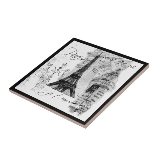 Paris Black & White Eiffel Tower Street Scene Fliese (Seite)