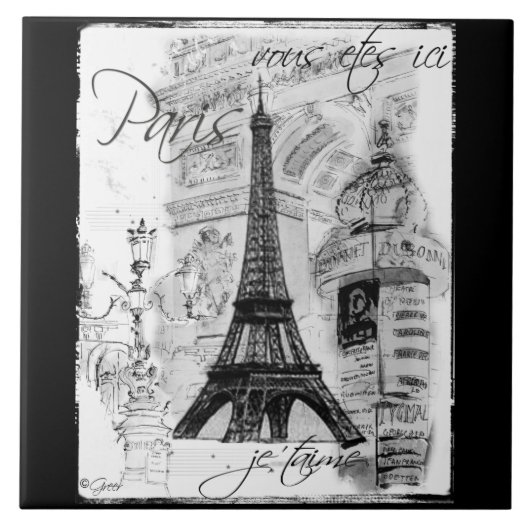 Paris Black & White Eiffel Tower Street Scene Fliese (Vorderseite)