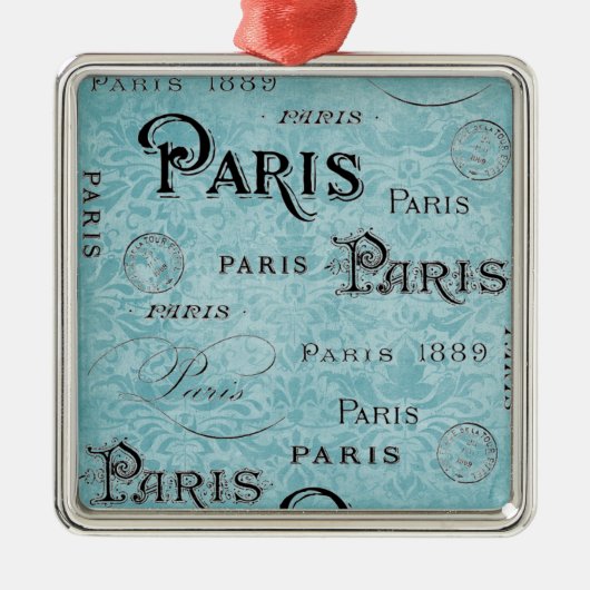 Paris | Blauer Damast Silbernes Ornament (Vorne)