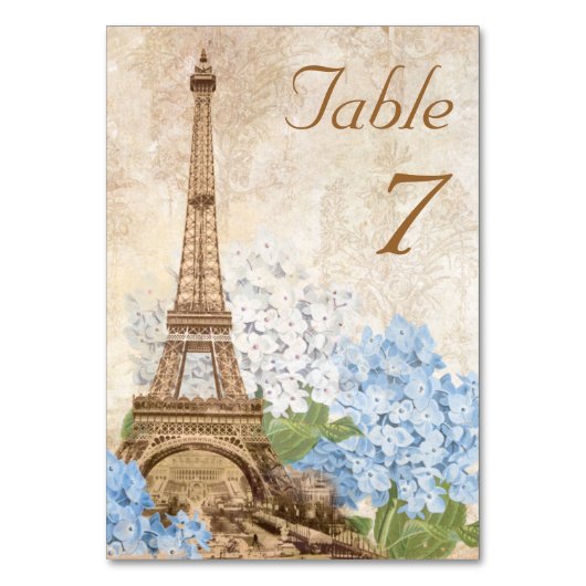 Paris Blue Hydrangea Vintag Romantic Table Card Tischnummer (Vorderseite)