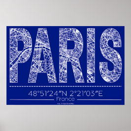 Paris Blueprint Typography Map Poster – Horizontal