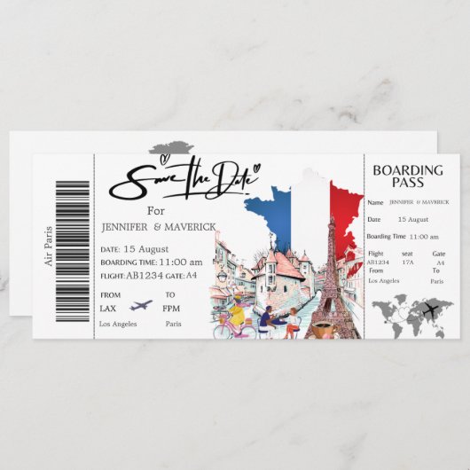 Paris Boarding Pass Save the Date Ticket Einladung (Vorne/Hinten)