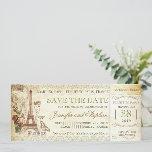 Paris Boarding Pass Tickets Save the Date (Stehend Vorderseite)