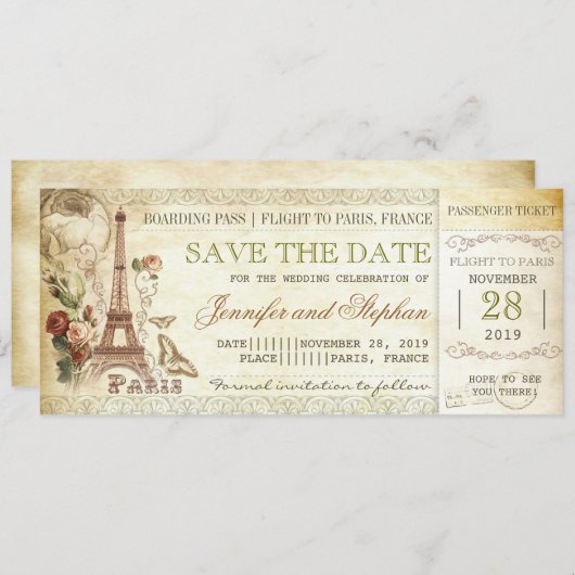 Paris Boarding Pass Tickets Save the Date (Vorne/Hinten)