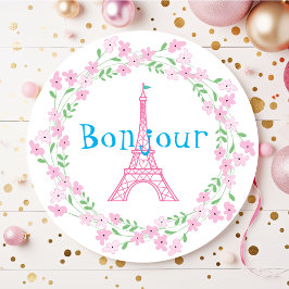 Paris Bonjour Pink Floral Runder Aufkleber