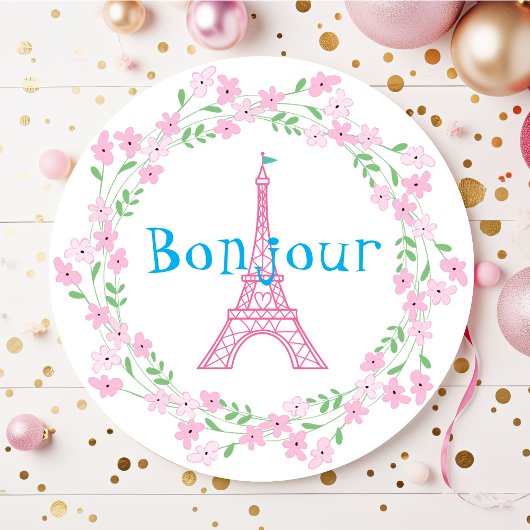 Paris Bonjour Pink Floral Runder Aufkleber