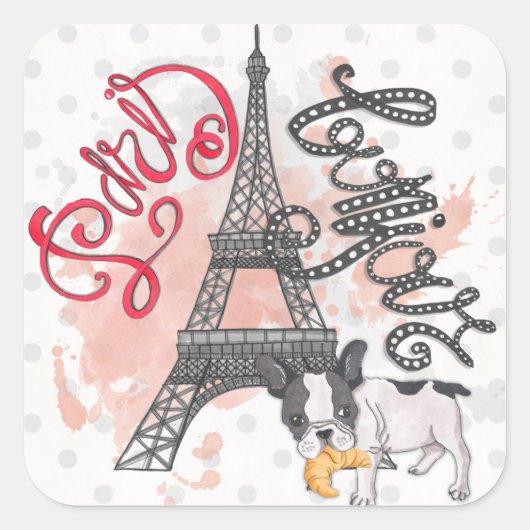 Paris Bonjour Quadratischer Aufkleber (Vorderseite)