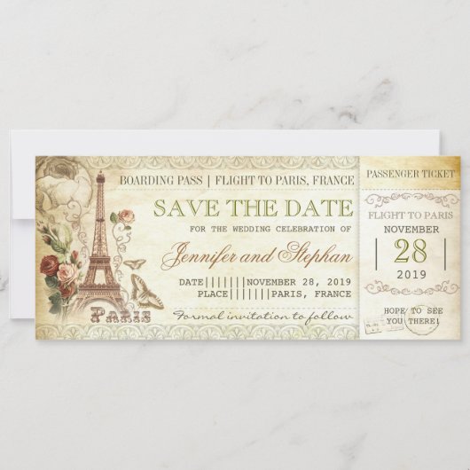 Paris Bordkartentickets zum Speichern des Datums Save The Date (Vorderseite)