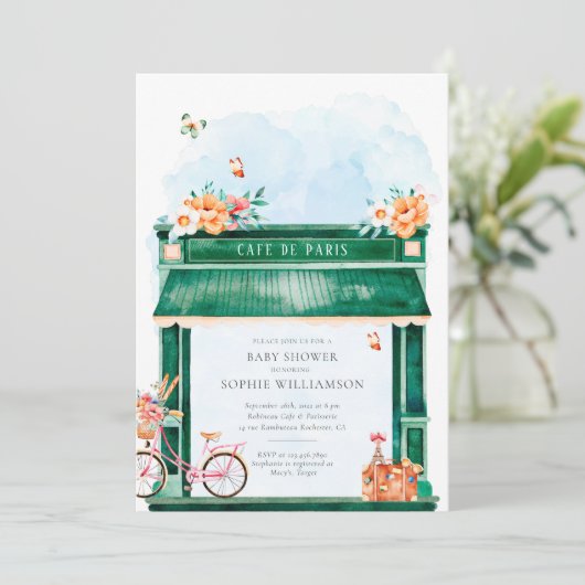 Paris Cafe Boulangerie Watercolor Baby Shower Einladung (Stehend Vorderseite)