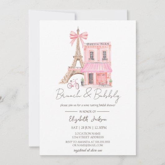 Paris Cafe  Pink Striped Brunch and Bubbly Einladung (Vorderseite)