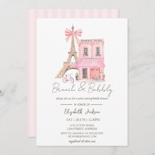 Paris Cafe Pink Striped Brunch and Bubbly Einladung (Vorne/Hinten)