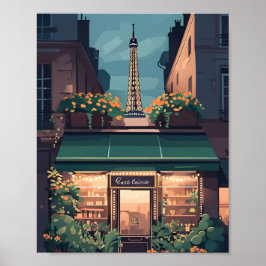 Paris Café Scene Poster - Charming Flat Vector