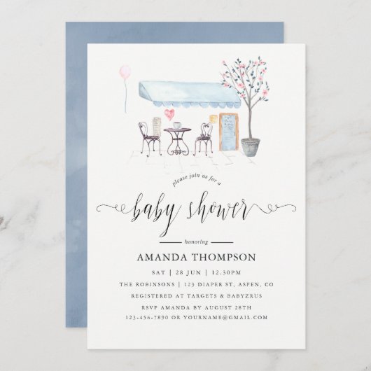 Paris Cafe Watercolor Babydusche Einladung (Vorne/Hinten)