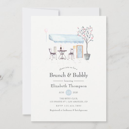 Paris Café Watercolor Brunch und Bubbly Einladung (Vorderseite)