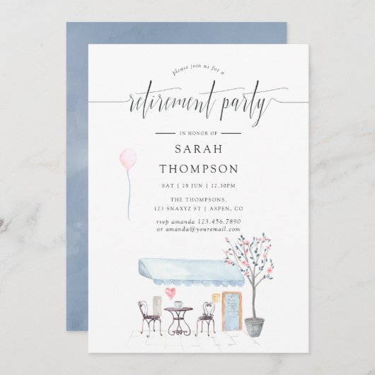 Paris Café Watercolor Rentirement Party Einladung (Vorne/Hinten)