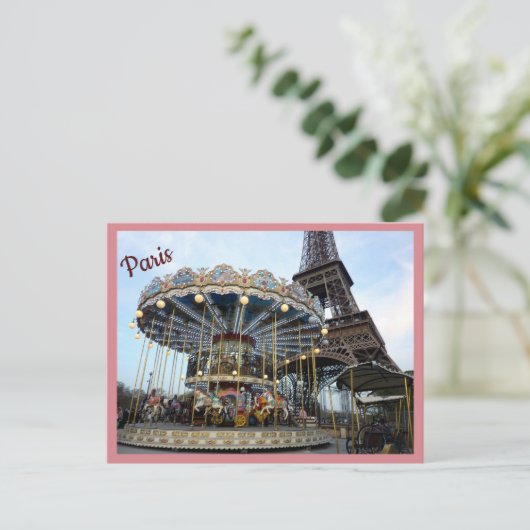 Paris Carousel (& Eiffelturm) mit Text Postkarte (Stehend Vorderseite)
