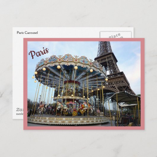 Paris Carousel (& Eiffelturm) mit Text Postkarte (Vorne/Hinten)