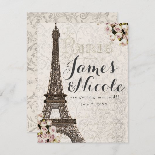 Paris Chic Elegant Eiffel Tower Save the Date Ankündigungspostkarte (Vorne/Hinten)