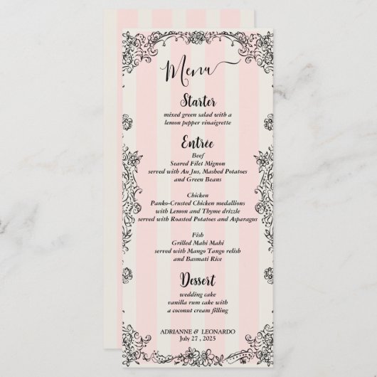 Paris Chic Verziert Pink Stripes Skript-Hochzeitsm Menükarte (Vorne/Hinten)