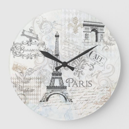 Paris Collage Art Clock Große Wanduhr (Vorderseite)