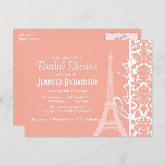 Paris; Deep Peach Damask Einladungspostkarte (Vorne/Hinten)