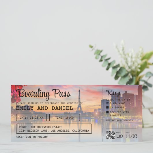 Paris Destination Boarding Pass Wedding Einladung (Stehend Vorderseite)