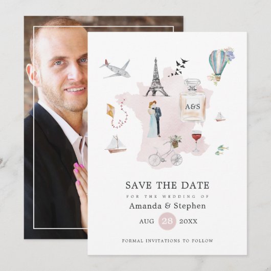 Paris Destination Hochzeit Monogrammfoto Save The Date (Vorne/Hinten)