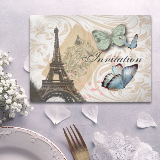 Paris Effiel Tower Butterfly Wedding Einladung