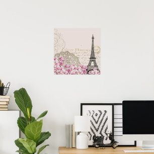 Paris Eifel Tower Square Vintag Pink Roses Art Poster