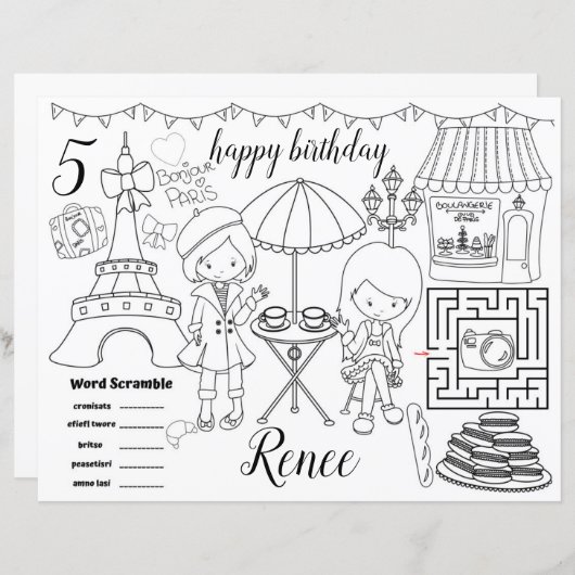 Paris Eiffel activity color sheet placemats (Vorne/Hinten)