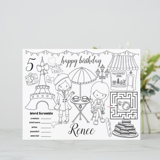 Paris Eiffel activity color sheet placemats (Stehend Vorderseite)