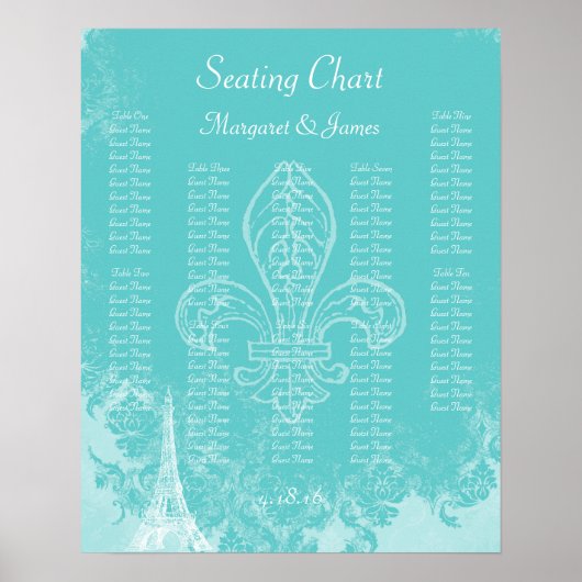 Paris Eiffel Aqua Vintag Damask Sitzkarte Poster (Vorne)