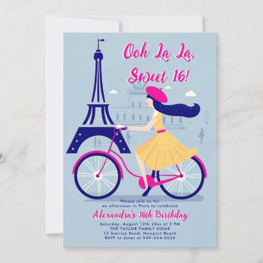 Paris Eiffel Fahrrad Ooh La Blue Yellow Sweet 16 Einladung (Vorderseite)