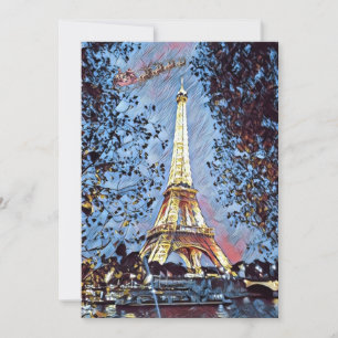Paris Eiffel Impressionist Blue Santa Christmas Feiertagskarte
