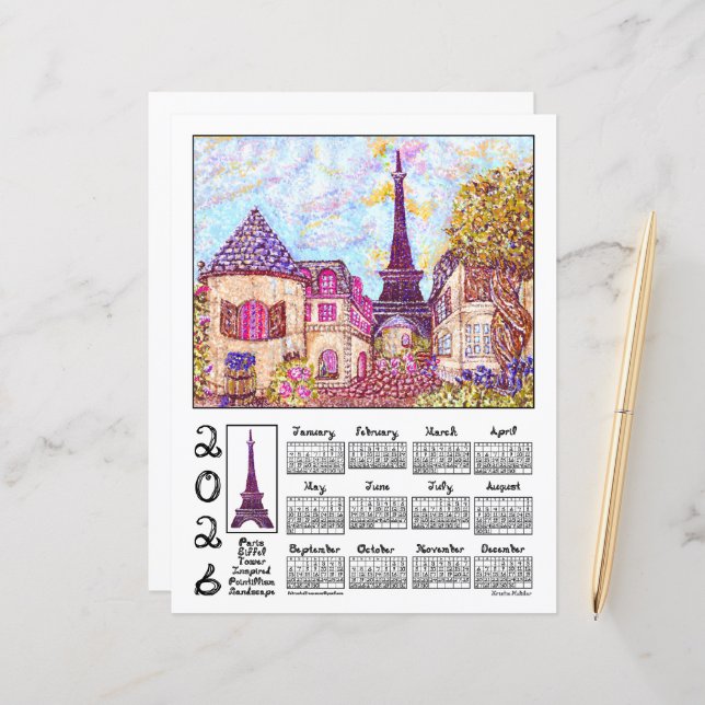Paris Eiffel Pointillism Landscape 2026 Calendar (Vorderseite/Rückseite Beispiel)