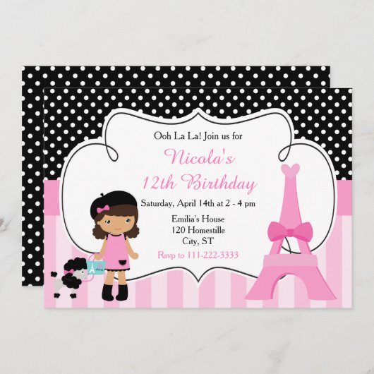 Paris Eiffel Tower African American Girl Party Einladung (Vorne/Hinten)