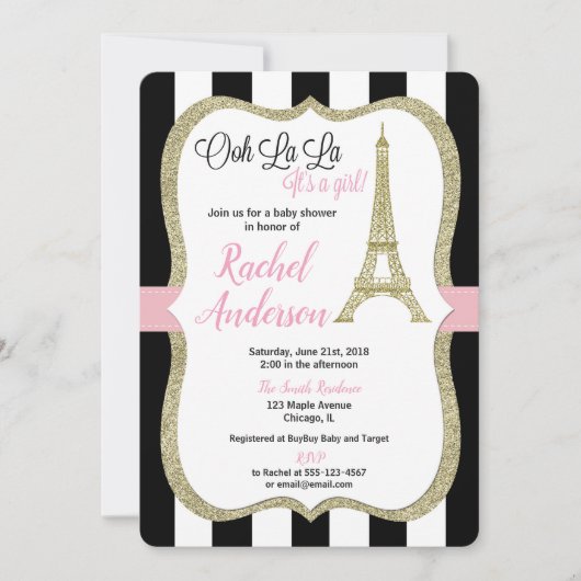 Paris Eiffel Tower Baby Dusche Einladungs-Mädchen Einladung (Vorderseite)