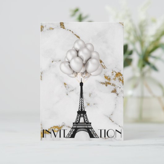 Paris Eiffel Tower Balloons Marble Gold Einladung (Stehend Vorderseite)