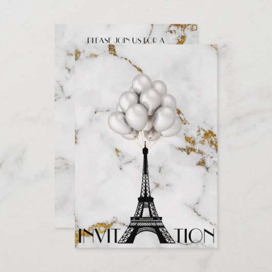 Paris Eiffel Tower Balloons Marble Gold Einladung (Vorne/Hinten)