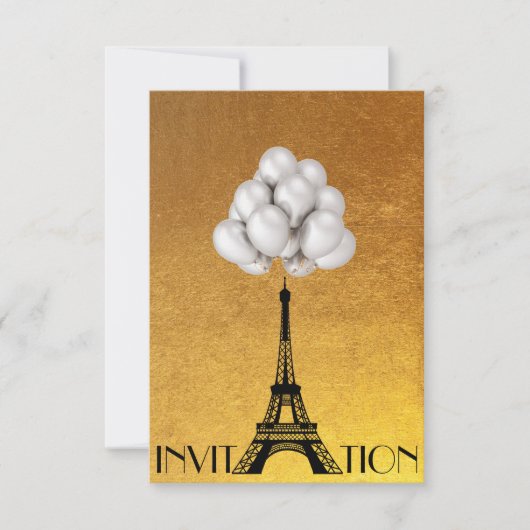 Paris Eiffel Tower Balloons White Gold Einladung (Vorderseite)