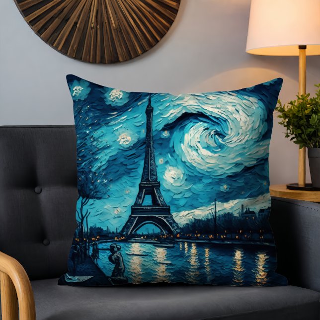 Paris Eiffel Tower bemalt Starry Night Blue Kissen (Von Creator hochgeladen)