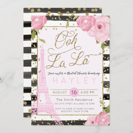 Paris Eiffel Tower Black Gold Brautparty Einladung (Vorne/Hinten)