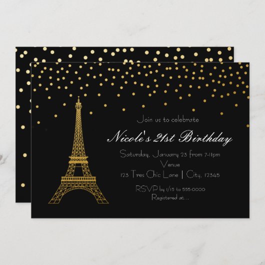 Paris Eiffel Tower Black & Gold Party Einladungen (Vorne/Hinten)