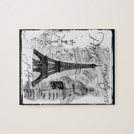 Paris Eiffel Tower Black & White Collage Street Sc Puzzle (Horizontal)