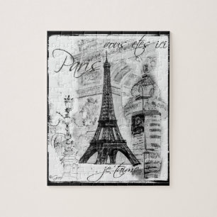 Paris Eiffel Tower Black & White Collage Street Sc Puzzle