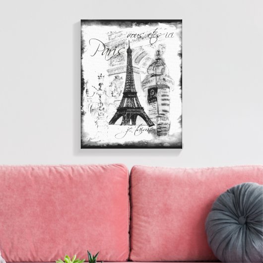 Paris Eiffel Tower Black & White Collage Szene Leinwanddruck (Insitu (Wohnzimmer))