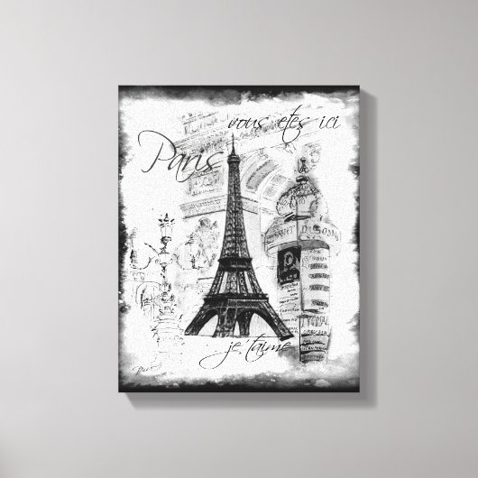 Paris Eiffel Tower Black & White Collage Szene Leinwanddruck (Vorderseite)