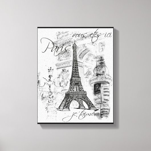 Paris Eiffel Tower Black & White Collage Szene Leinwanddruck (Vorderseite)