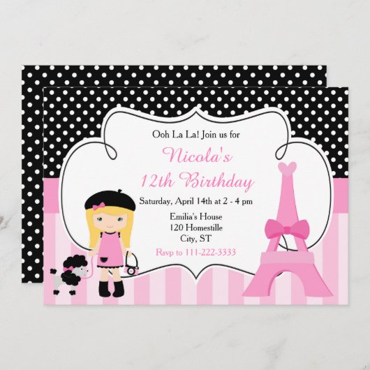Paris Eiffel Tower Blonde Girl Birthday Party Einladung (Vorne/Hinten)