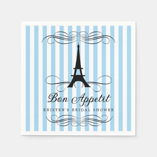 Paris Eiffel Tower Blue Streifen Brautparty Serviette (Vorderseite)